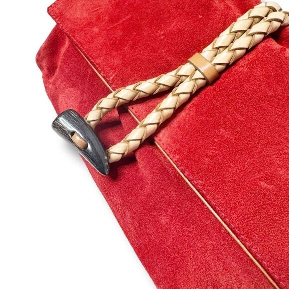 BURBERRY Suede Haymarket Check Horn Toggle Braided Leather Shoulder Bag Red - Picture 4 of 14